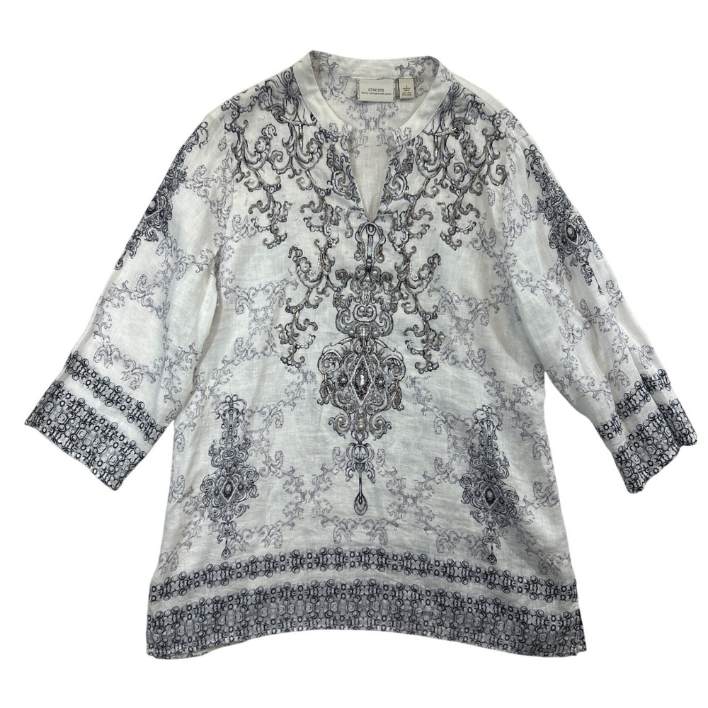 Chicos Linen Tunic Top Womens 1 White Black Beaded‎ 3/4 Sleeve V-Neck